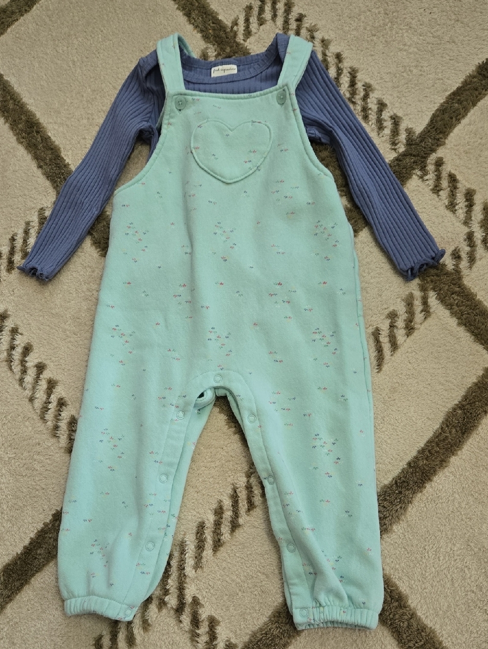 Mint Heart Overalls with Blue Ribbed Long Sleeve